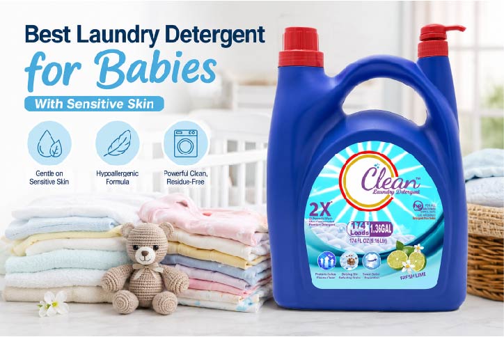 A bottle of Clean Laundry Detergent next to a stack of soft baby clothes